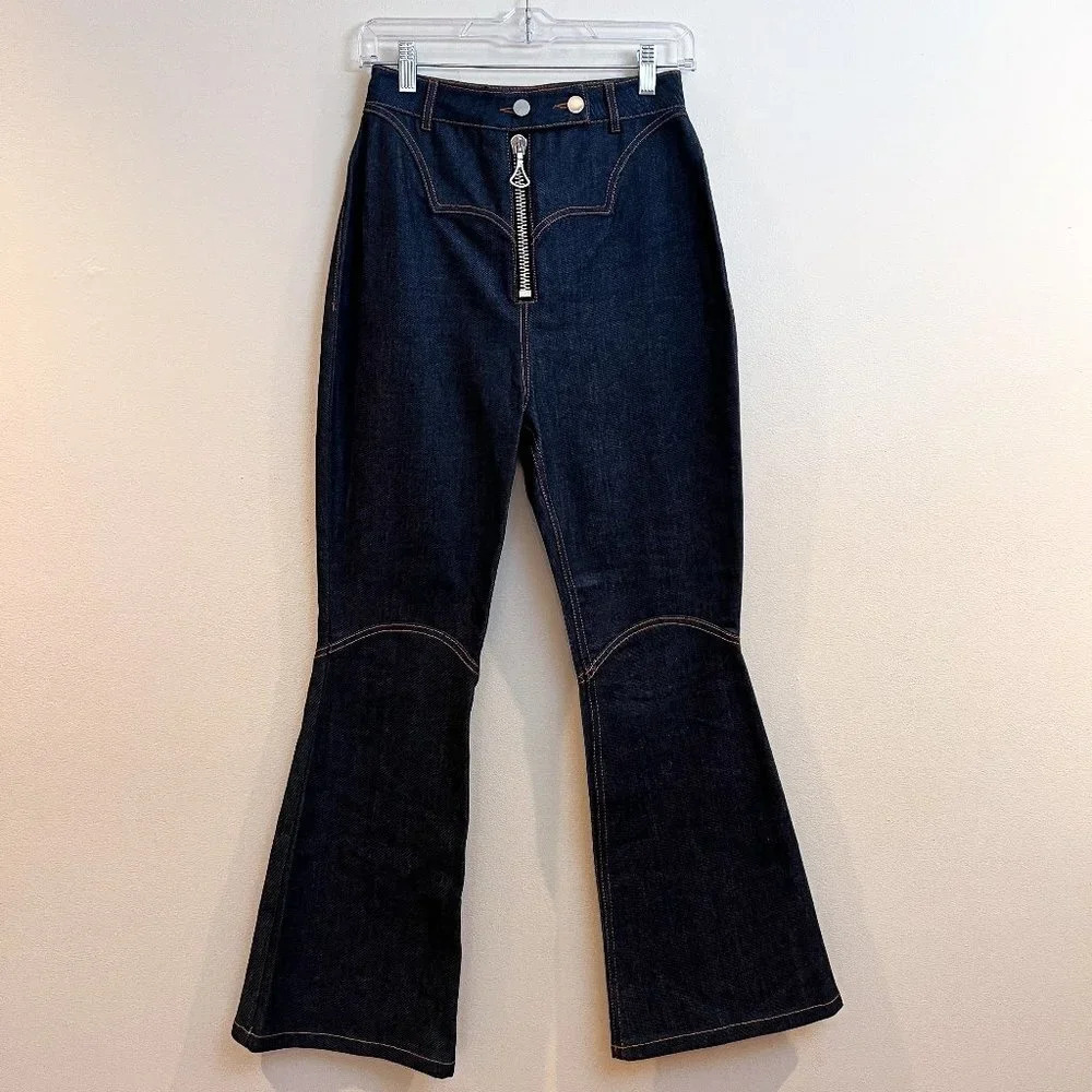 Ellery Dark Wash Denim Contrast Stitch High Waist Boho Designer Flare Jeans 27 - Picture 2 of 12